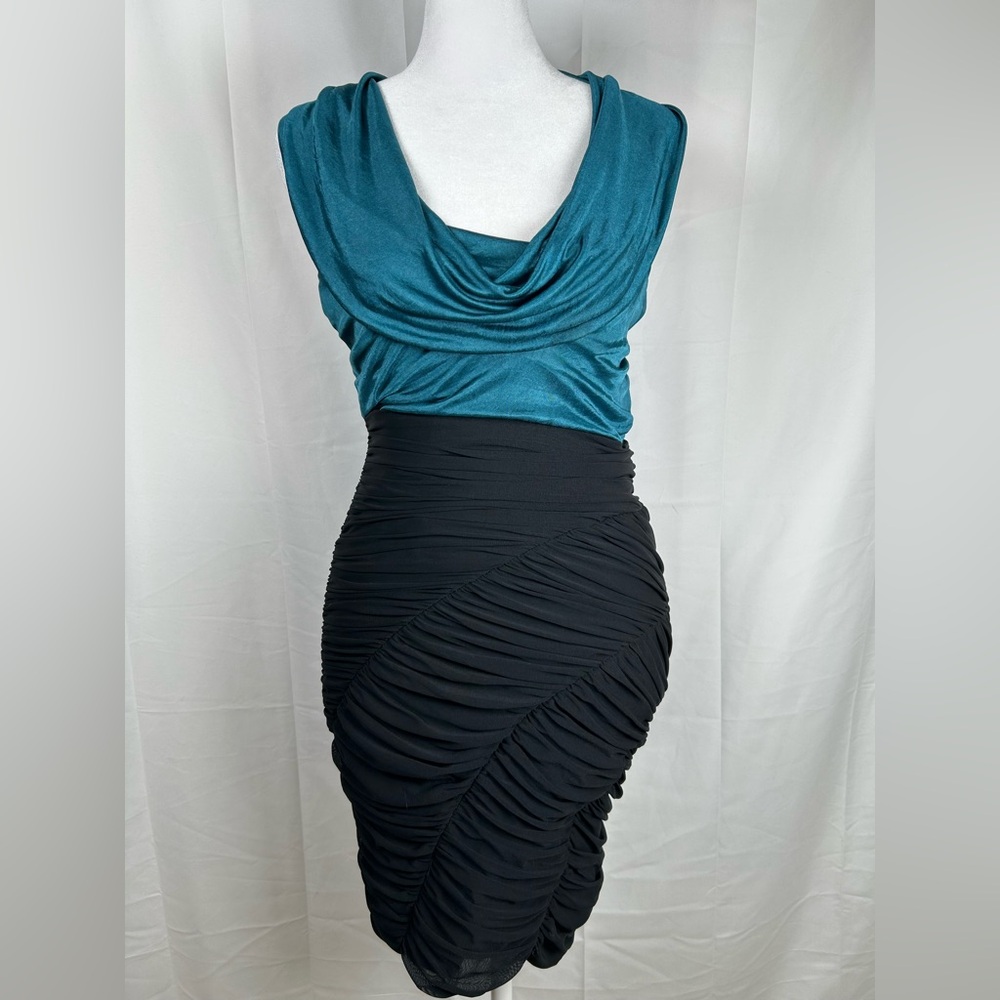 Bebe Ruched Bodycon Dress Small Teal Black Draped Neck Sleeveless